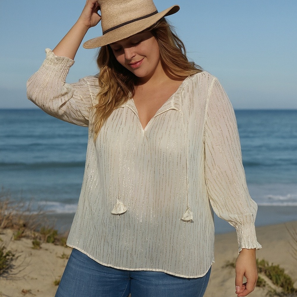 Tommy Bahama Top Womens Small‎ Ivory Metallic Stripe Long Sleeve Tassel Blouse